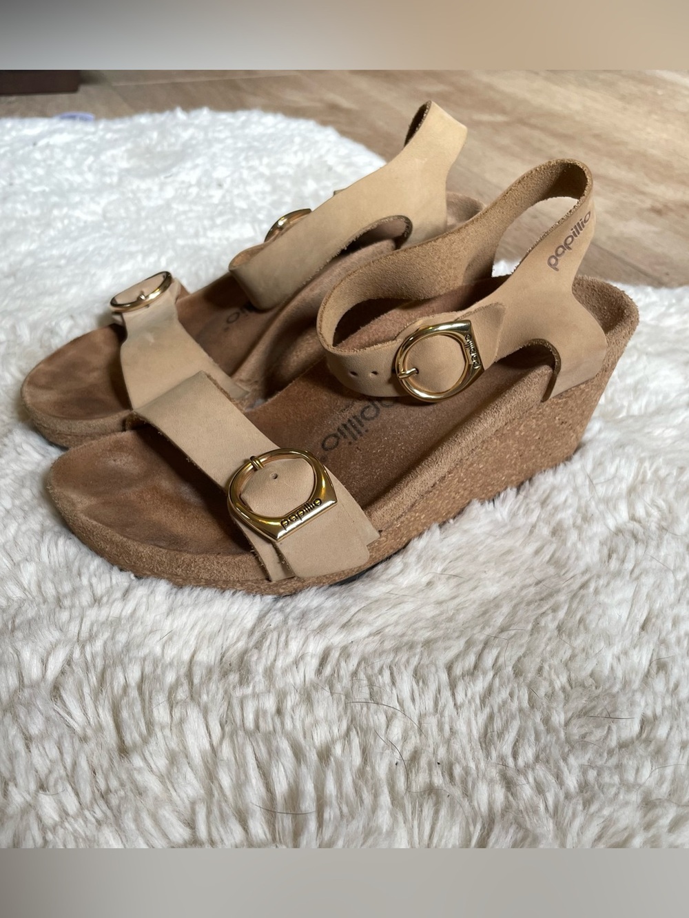 Birkenstock Papillio Tan Suede Wedge Sandals with Gold Buckles size 36
